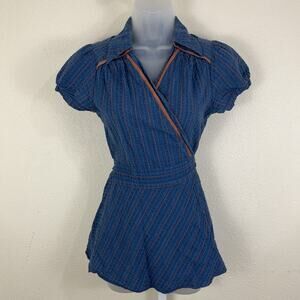 Vintage Y2K Final Touch Gauzy Wrap Top Womens M Medium Blue Stripe
